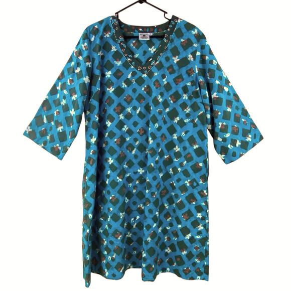 Marketplace Handwork India Tunic Dress Size L Boho Block Print Embroidered - Picture 1 of 7